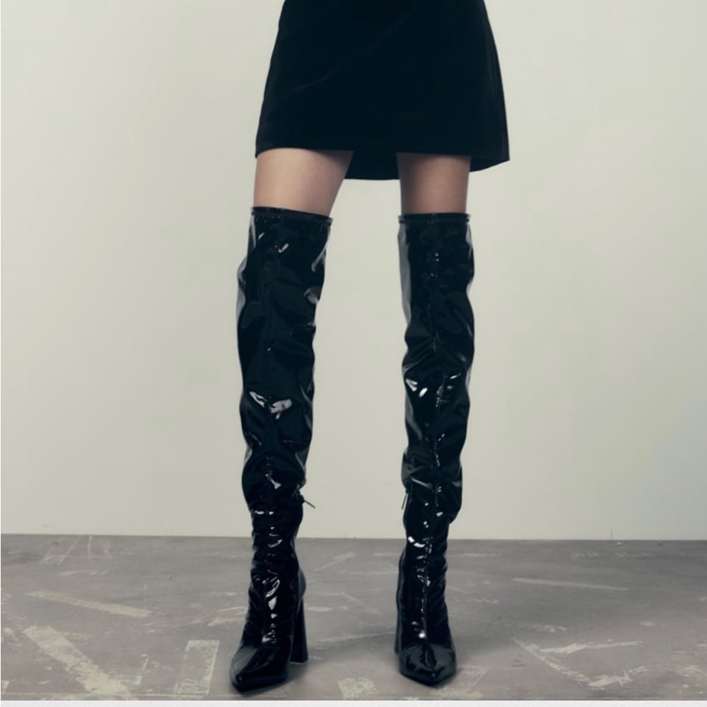 Above the knee boots- black shiny patent leather/latex look